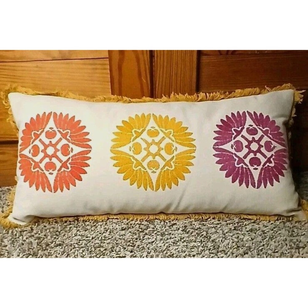 Crate And Barrel Lumbar Down Pillow 12x24 Fall Yellow Rust Plum Boho Embroidered